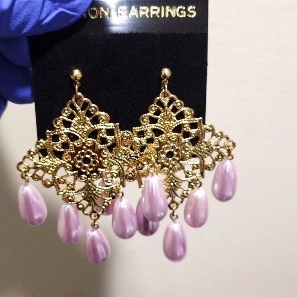 Women's Gold-tone Diamond Shape Filigree Design Beaded Drop Dangle Earrings, #3 - Picture 1 of 5
